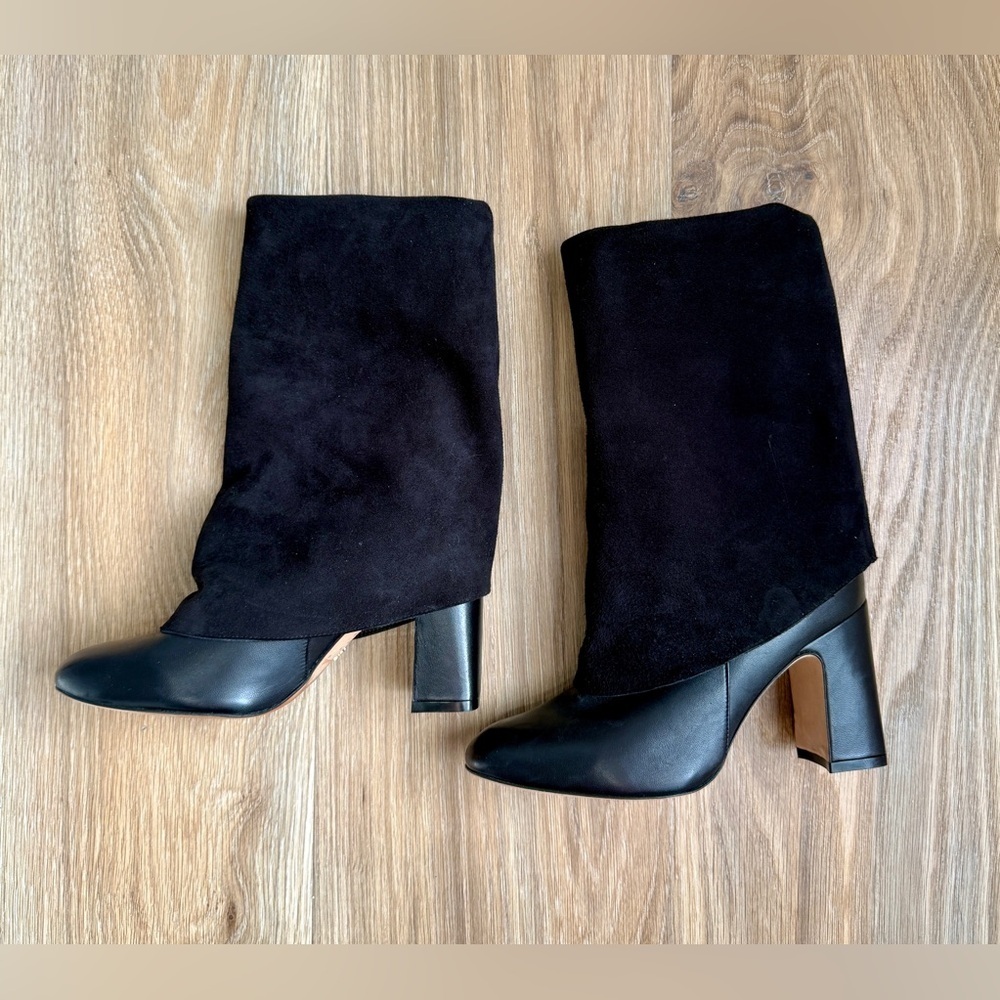 STUART WEITZMAN Lucinda Black Suede & Leather Fold-Over Boots - Picture 5 of 11
